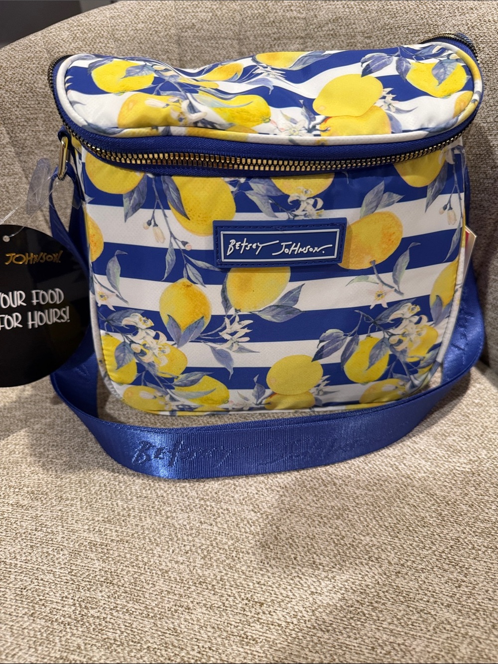 NWT Betsey Johnson Blue & Yellow Lemon Stripe Crossbody Cooler Lunch Bag